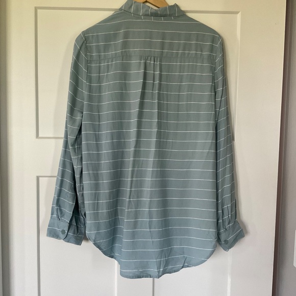 NWT BLL New York Cherie Striped Button Up Moss w/ White Ruched Waist Blouse - Picture 2 of 7